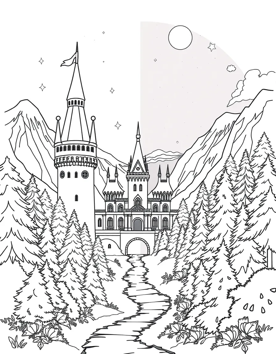 Day and night scenes divided perfectly down the center of a unified castle and forest landscape