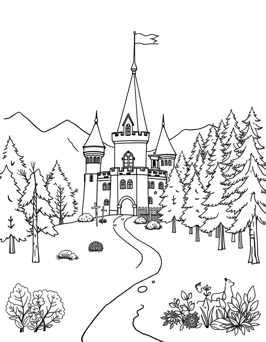 Winter and summer coexisting on opposite sides of the castle and forest with spring in between