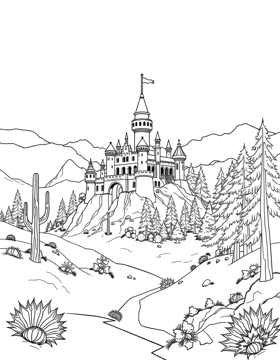 A magical boundary where desert meets forest with the castle straddling both ecosystems