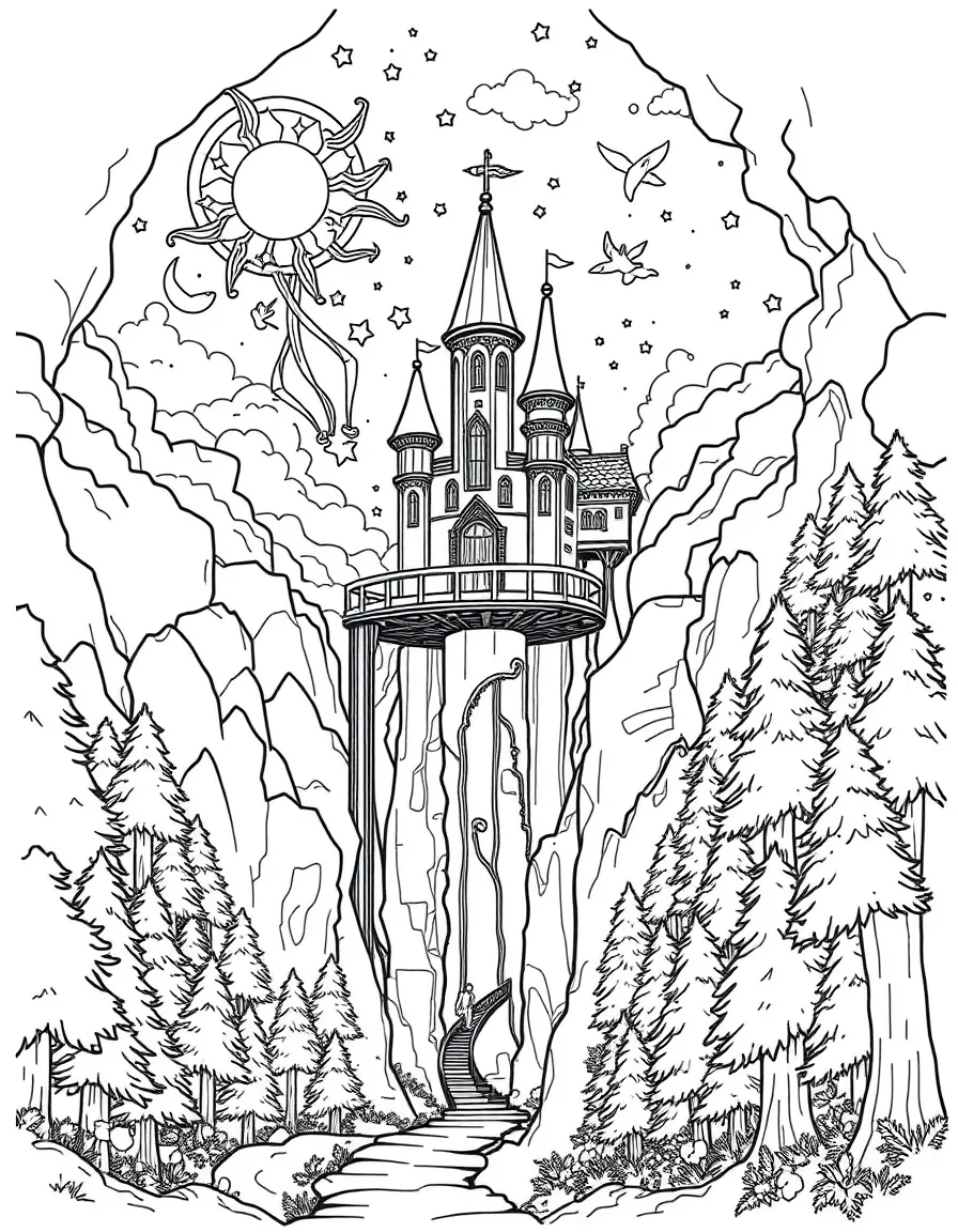Celestial and underground realms connected through the castle and forest by magical elevators
