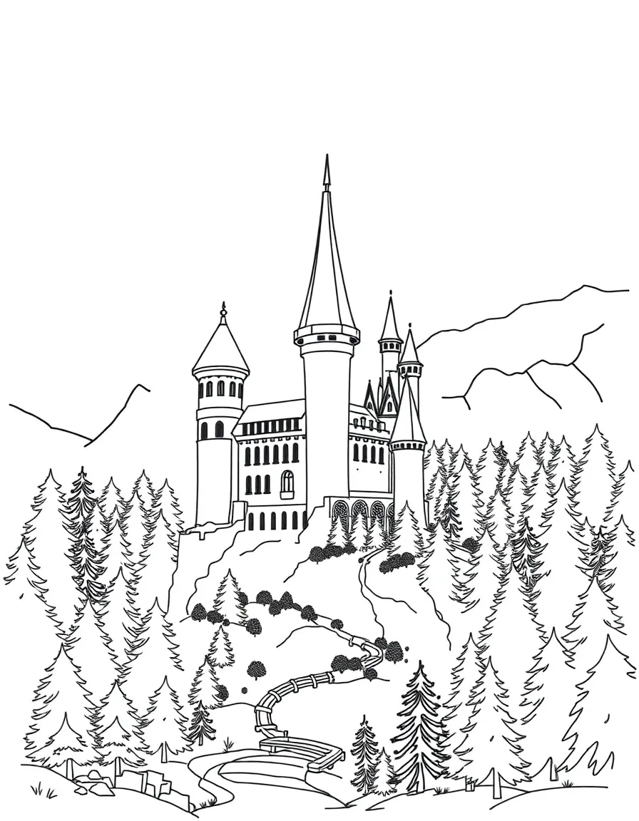 Past and future versions of the castle and forest overlapping, shown by different coloring styles