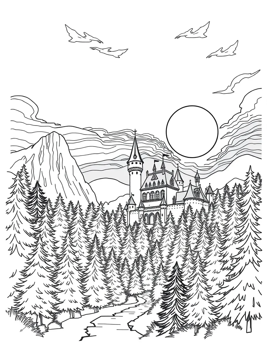 Reality and dreams merging in a twilight scene of castle and forest during a magical eclipse