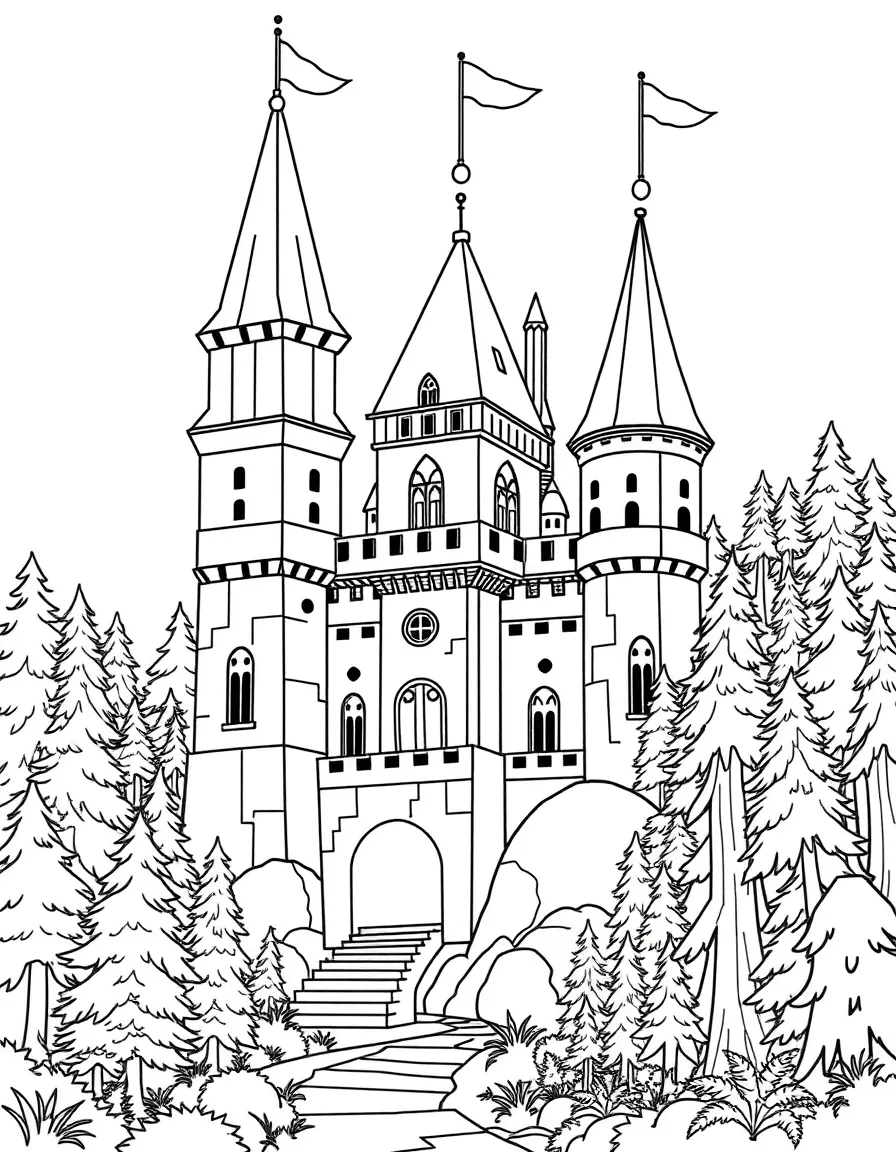 Order and chaos represented in the geometric castle architecture meeting the wild forest growth