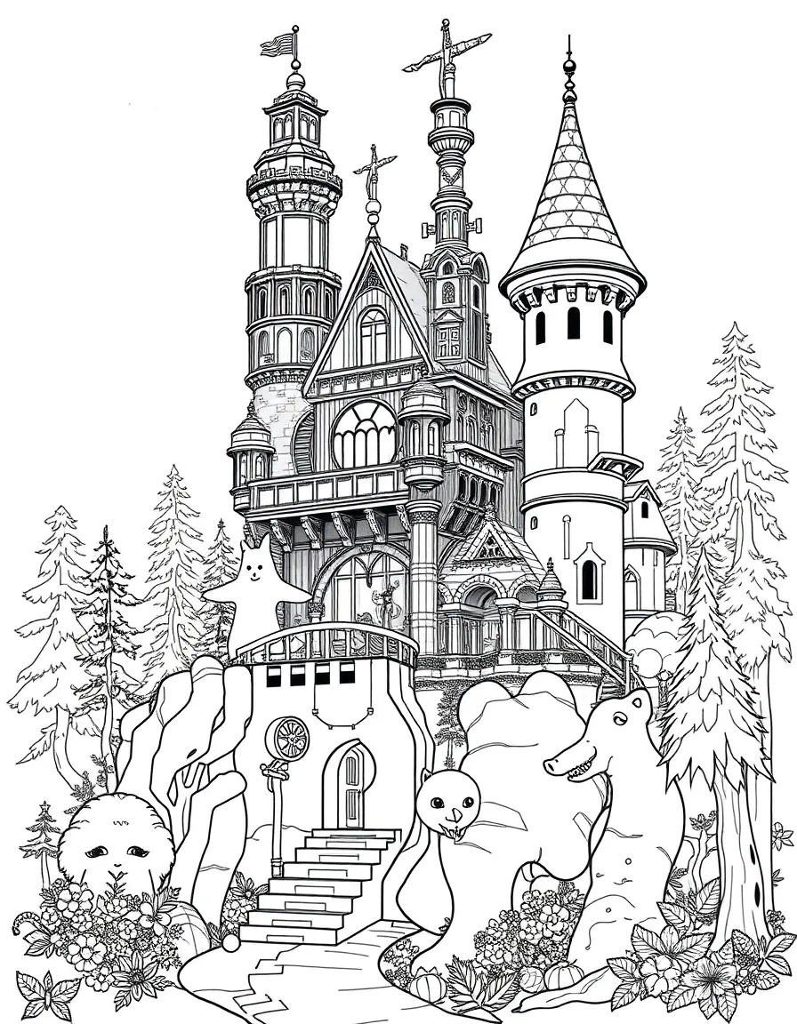 Technology and nature combined in a steampunk castle with biological forest components