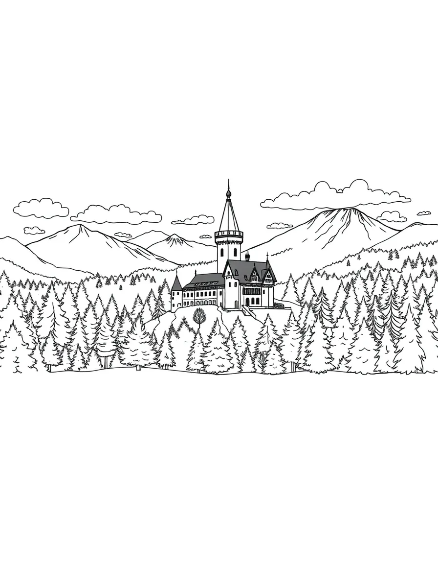 A panoramic scene showing the castle and forest through four seasons simultaneously
