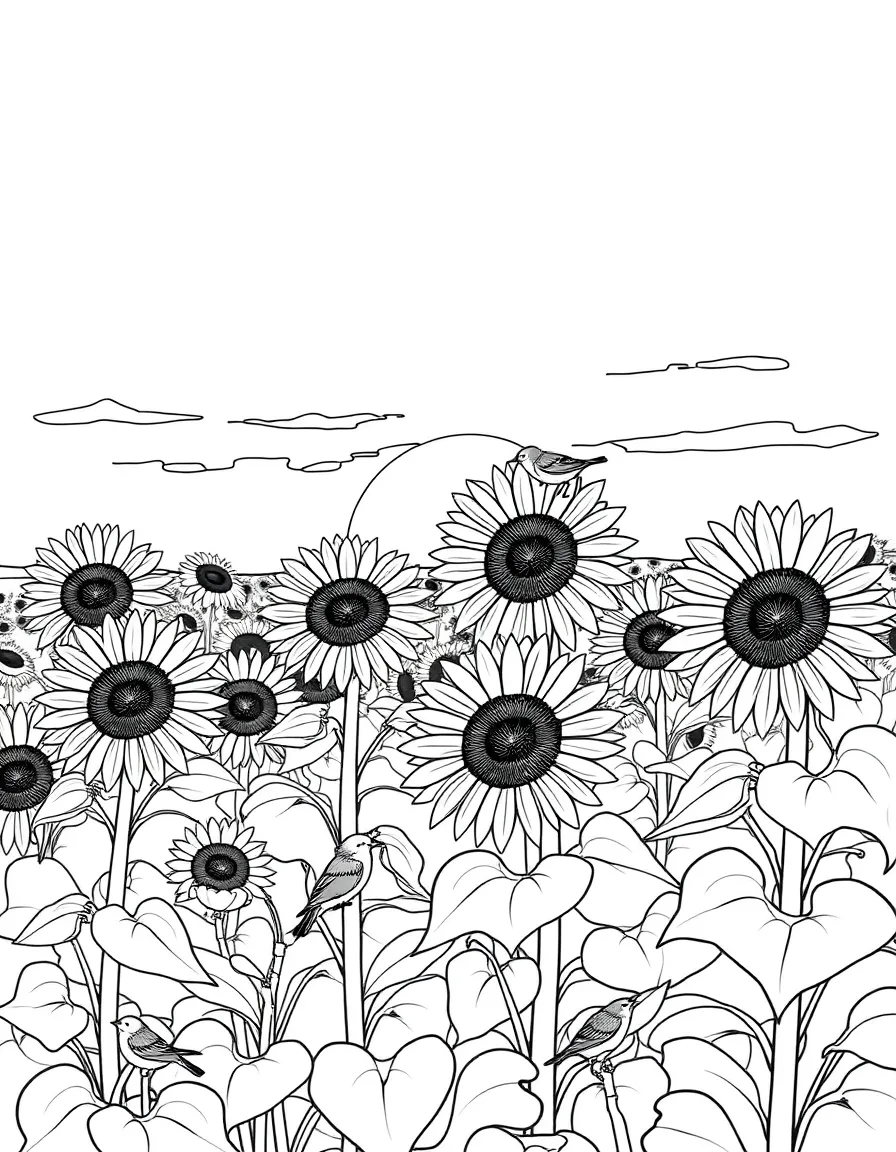 A sunflower field at sunset with birds perched on some flowers