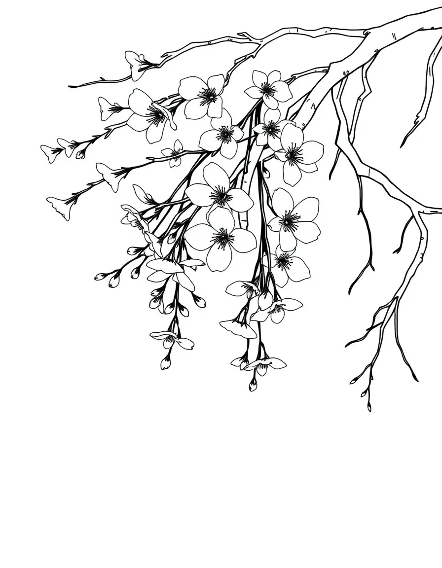 Delicate cherry blossoms hanging from twisted branches