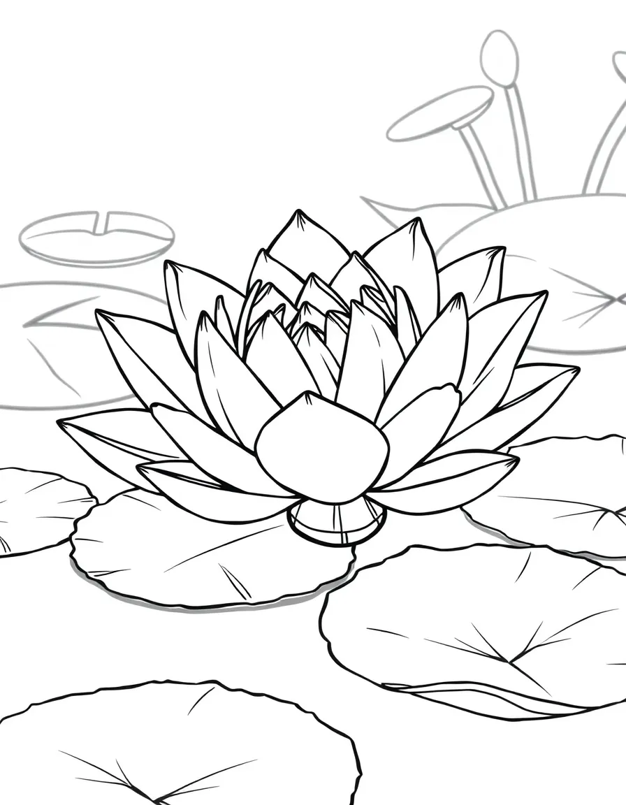 A close-up of a lotus flower floating on a pond with lily pads