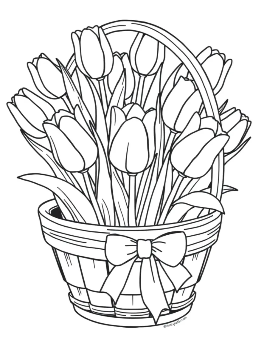 Tulips in a wooden basket with a ribbon tied around the handle
