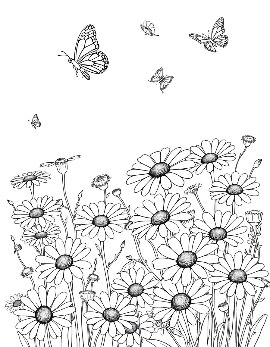 A garden of daisies with butterflies hovering nearby