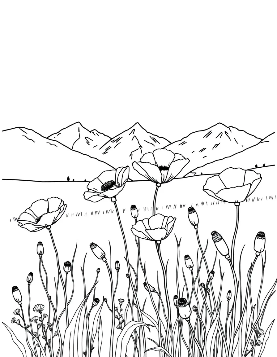 Poppies swaying in a meadow with mountains in the background