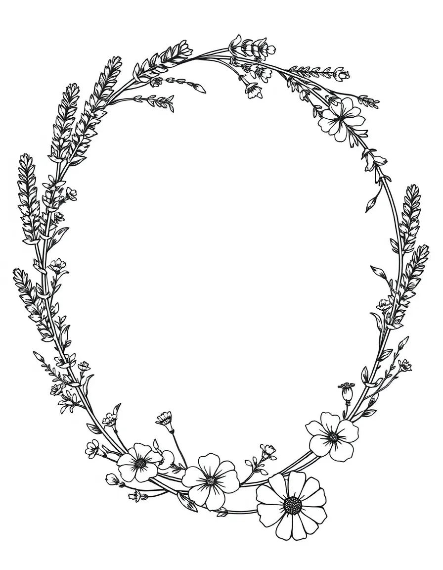 A wreath made of lavender sprigs and wildflowers