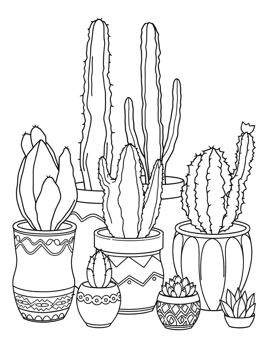 A collection of different cacti in decorative pots