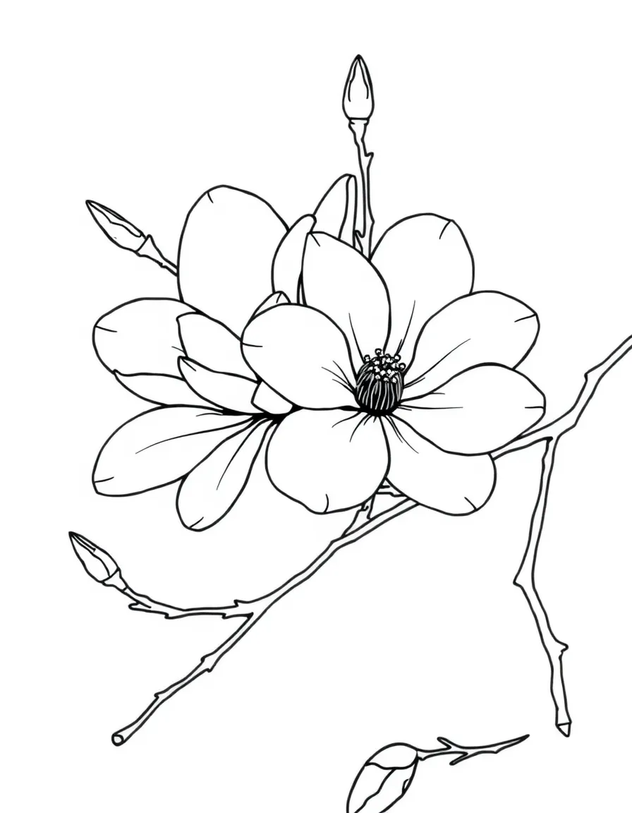 Magnolia blossoms on a branch with buds
