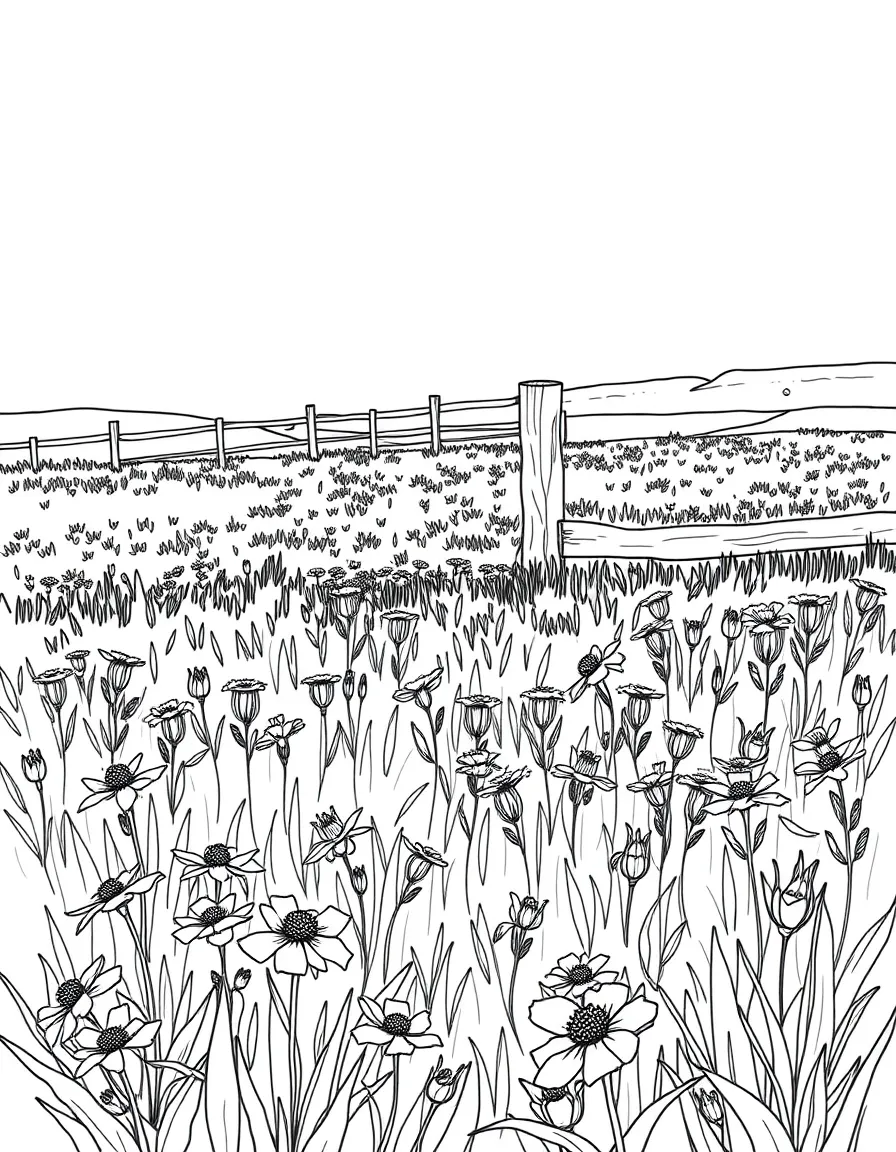 A field of bluebonnets with a rustic fence