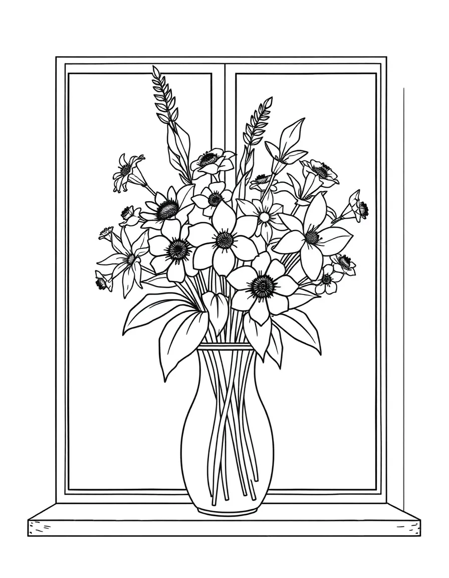 A vase of mixed flowers on a windowsill