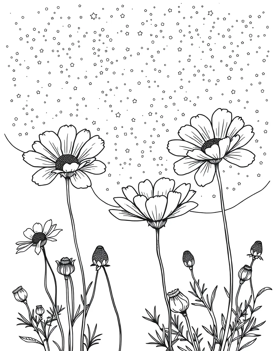 Cosmos flowers under a starry night sky