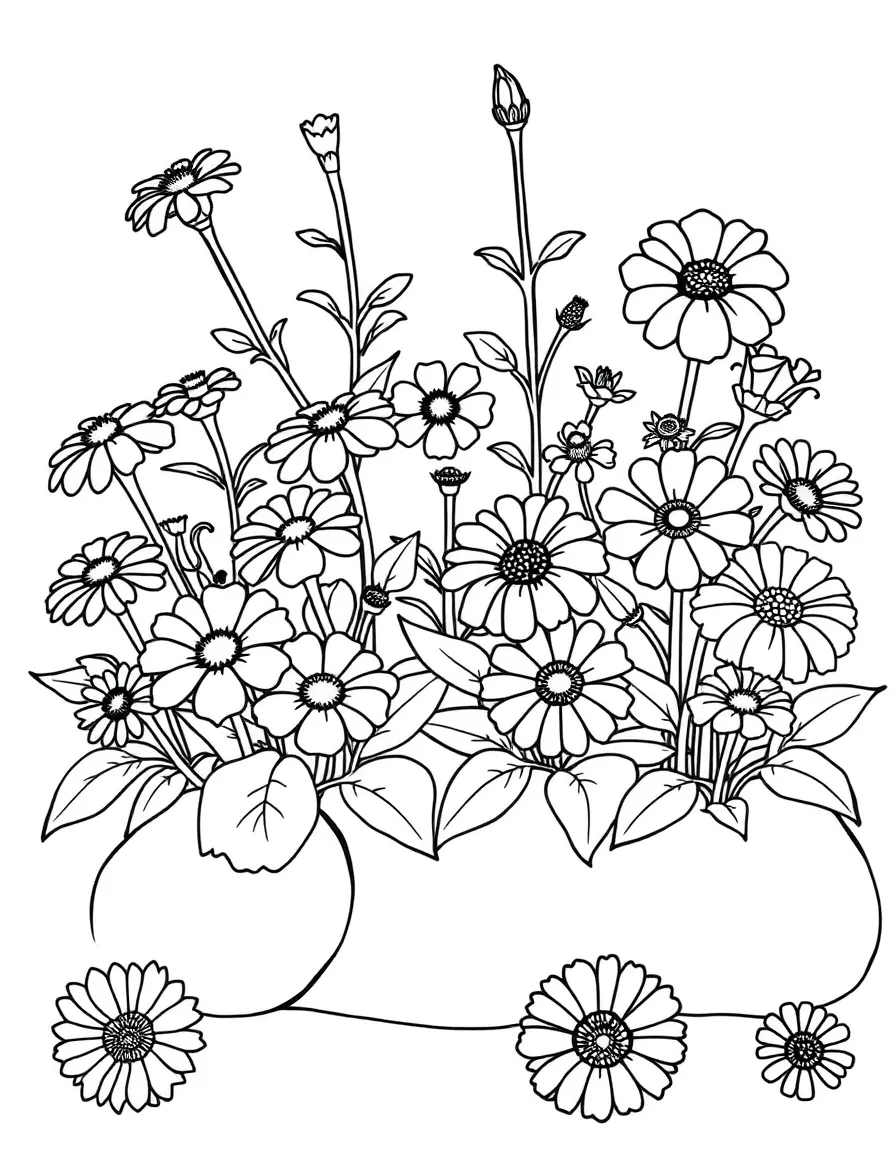 A garden bed with marigolds, petunias, and zinnias