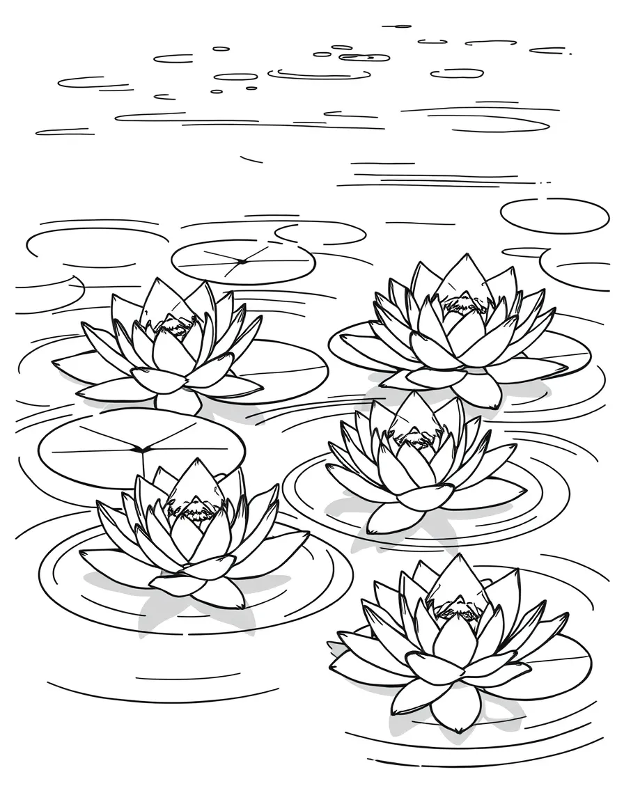 Water lilies on a pond surface with ripples