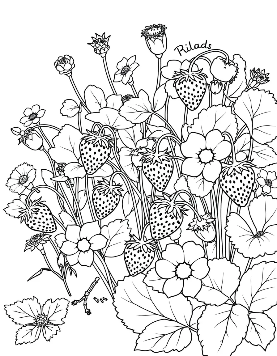 A patch of wild strawberries with flowers and fruit