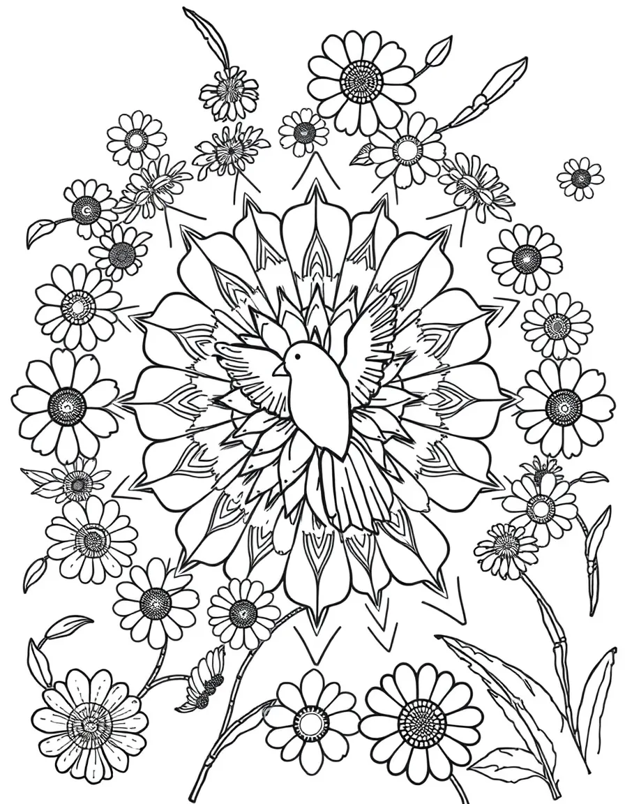 A bird's-eye view of a flower mandala garden