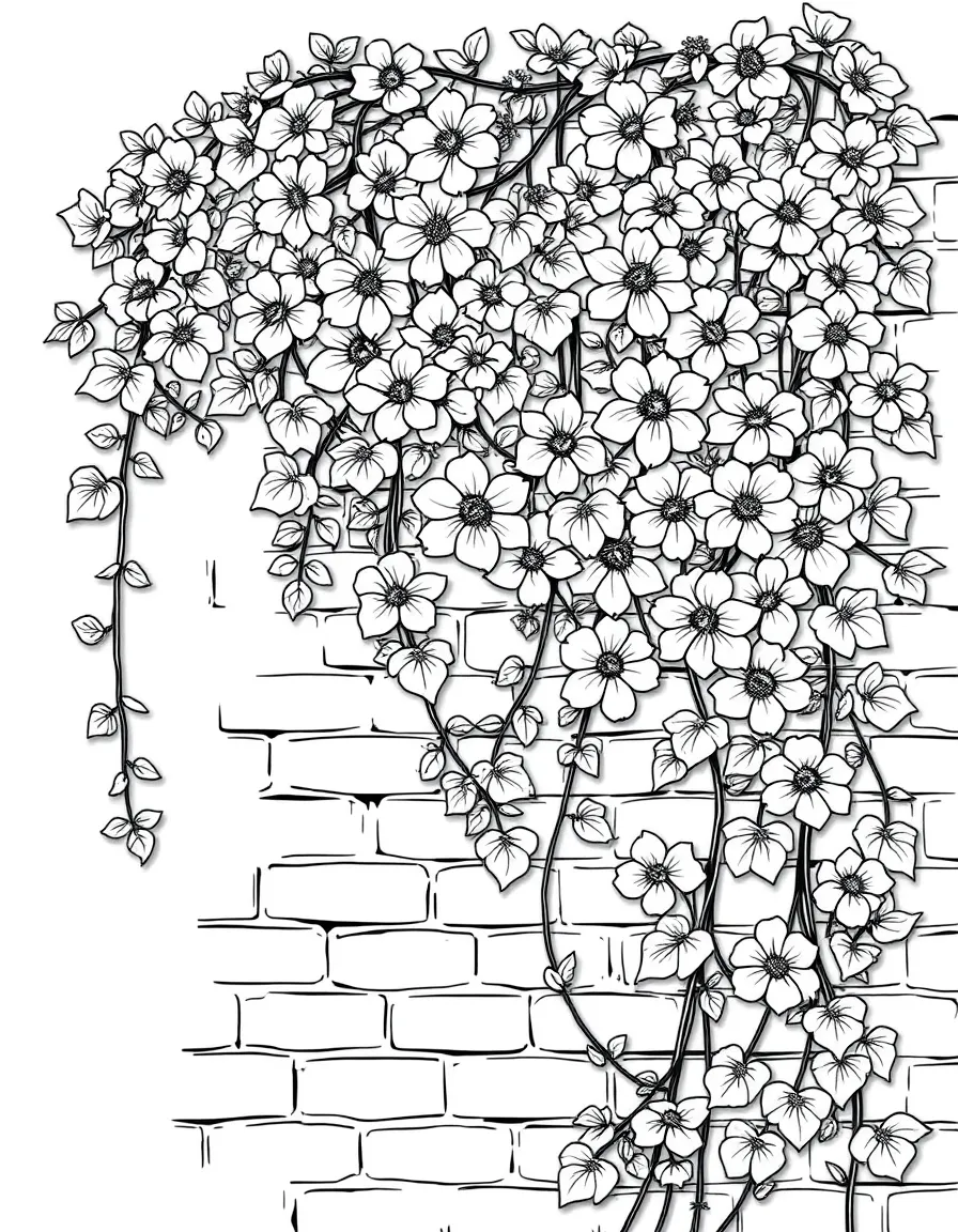 Clematis vines climbing up an old brick wall