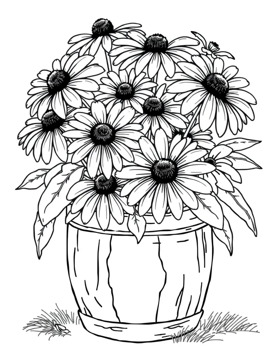 Black-eyed Susans in a rustic container