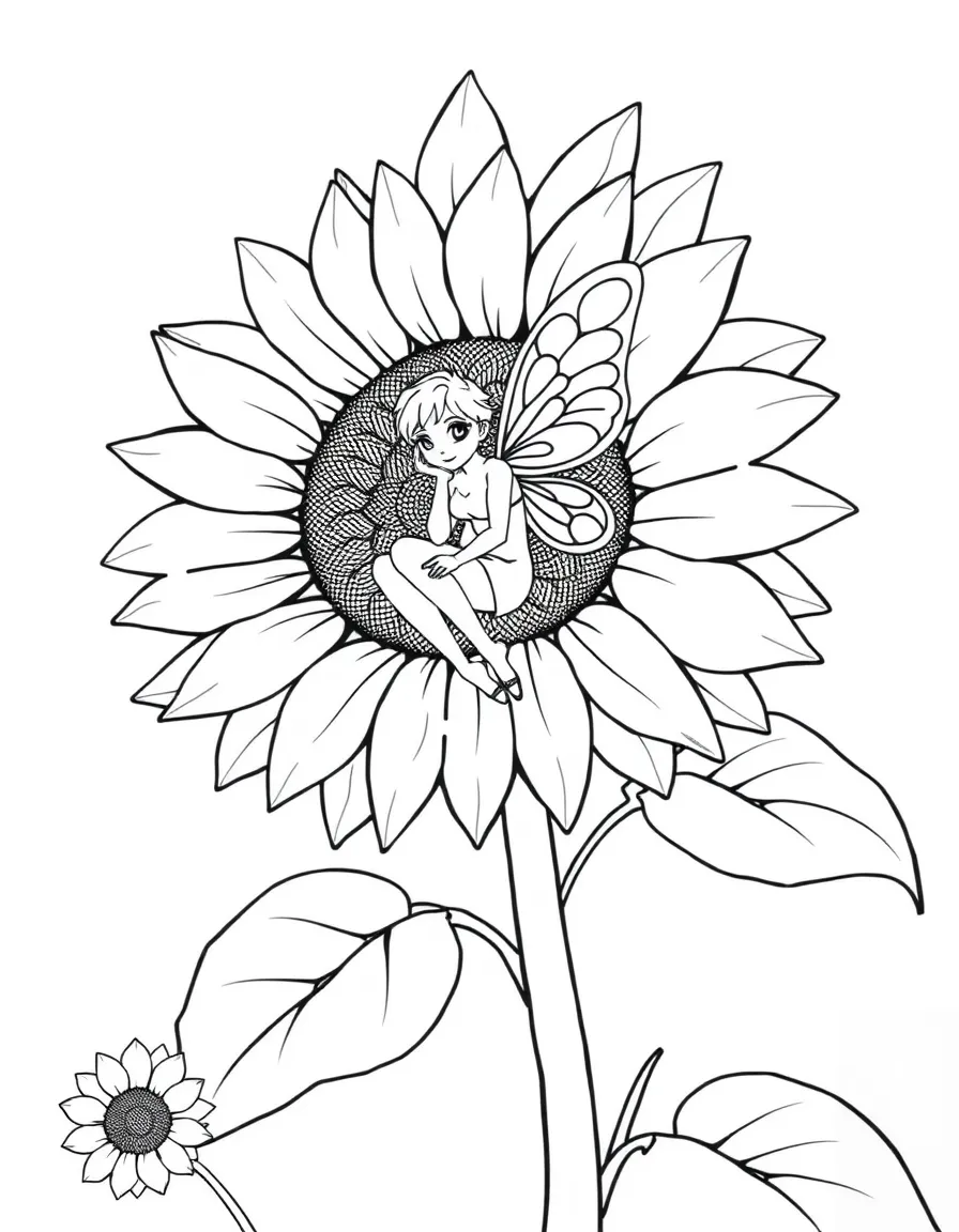 A fairy sitting on a giant sunflower
