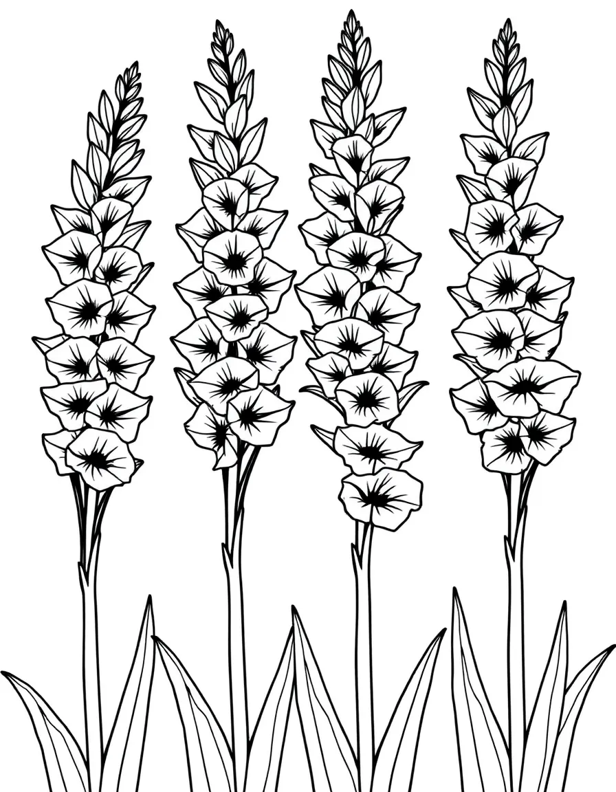 Gladiolus spikes in a row with varied heights