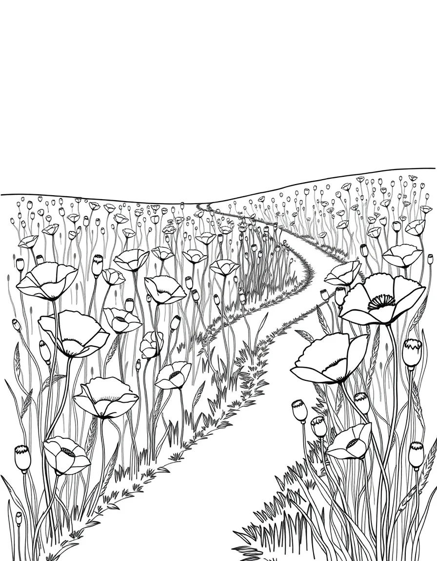 A field of poppies with a winding path