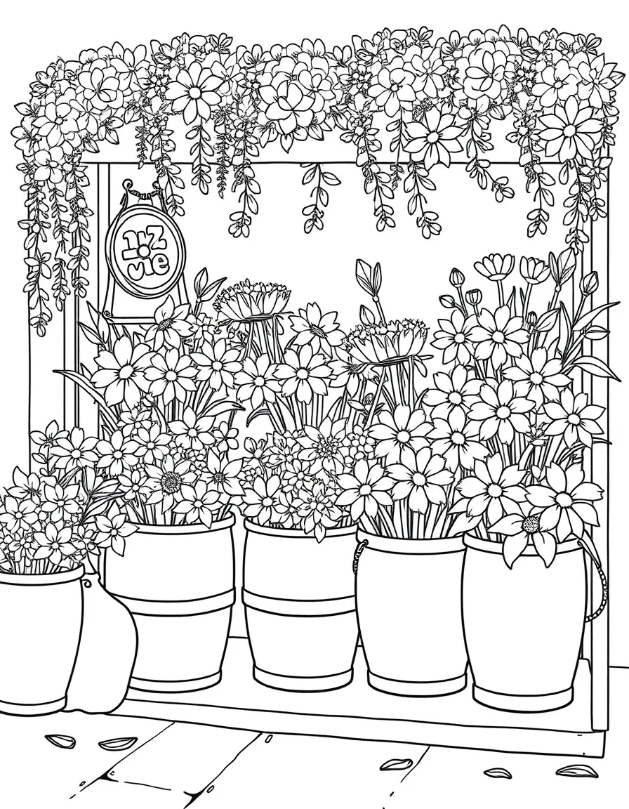 A flower shop display with buckets of blooms