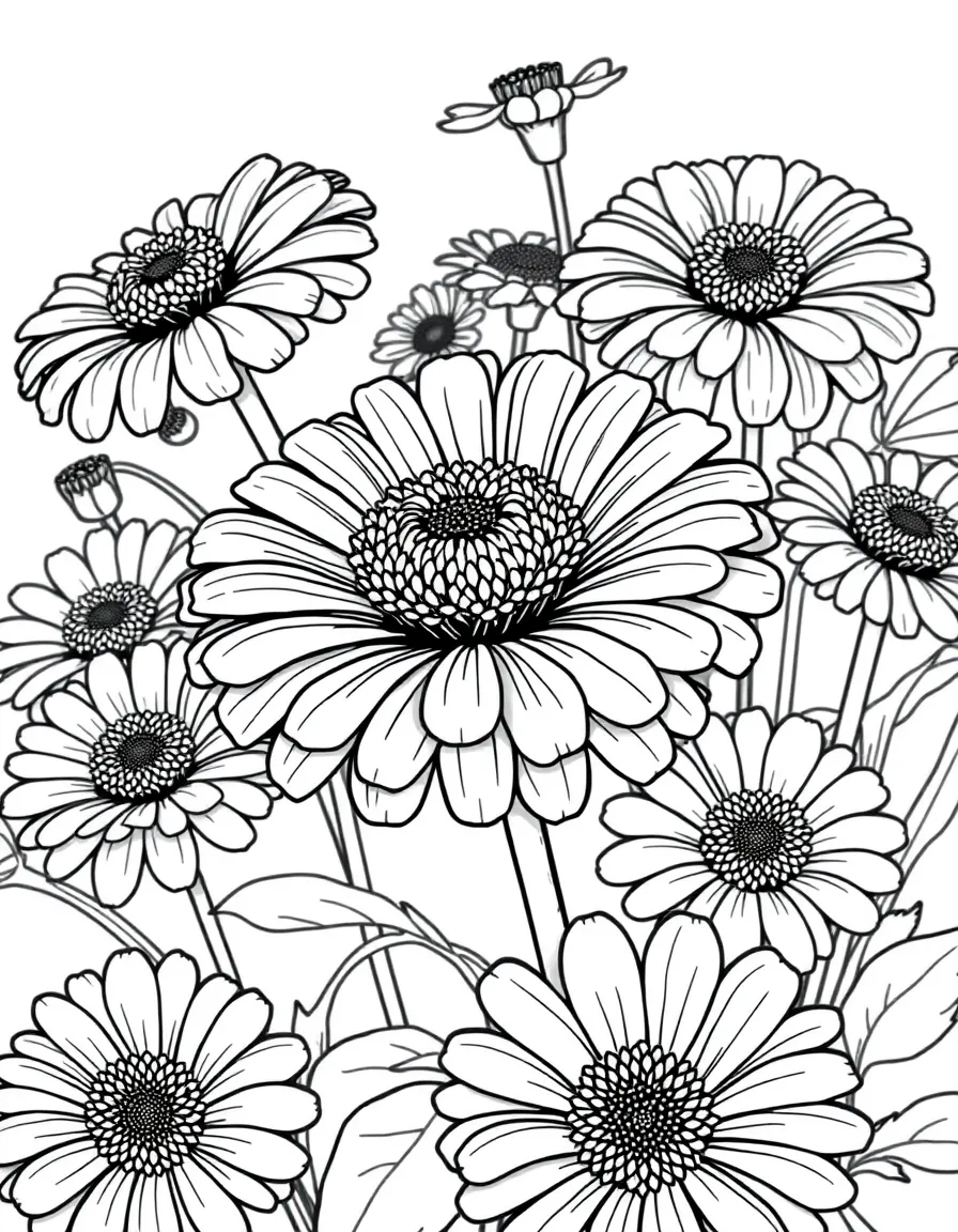 Zinnia garden with detailed flower centers