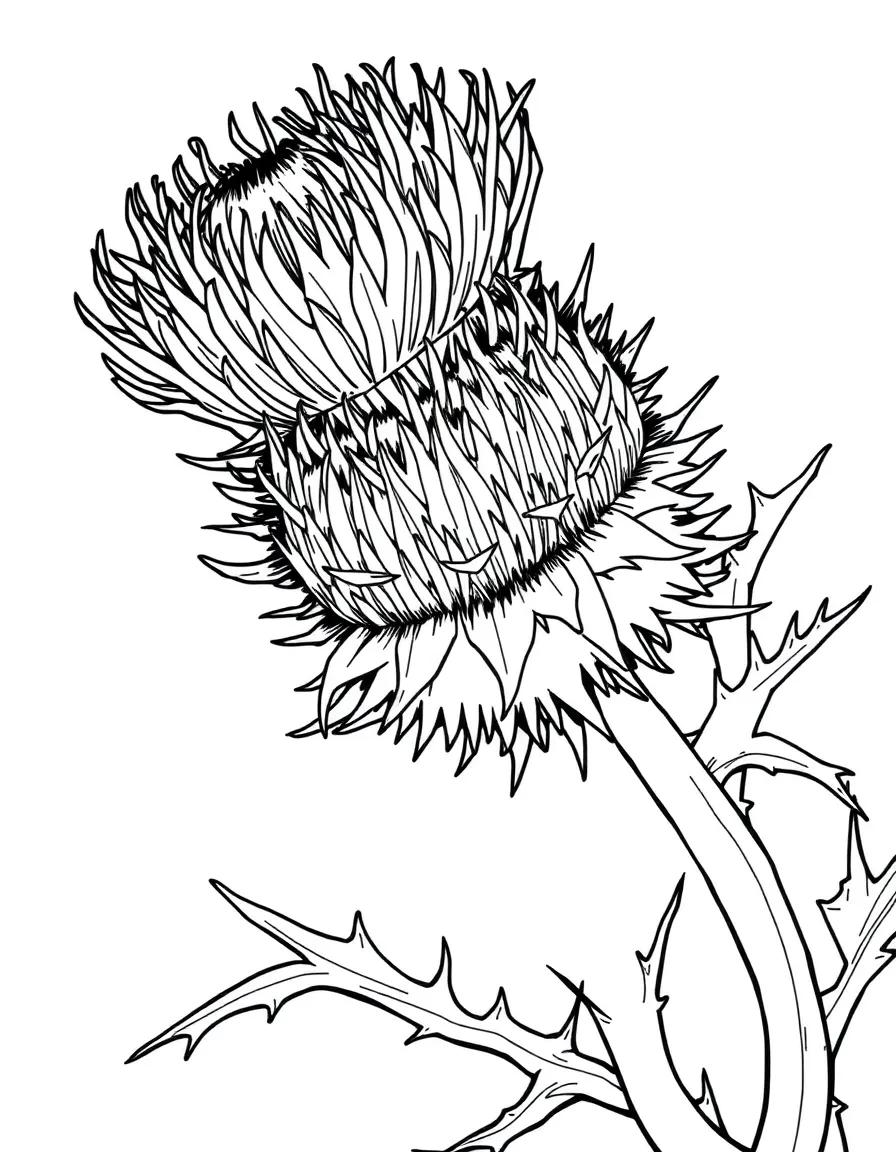 A close-up of a thistle flower with spiny leaves