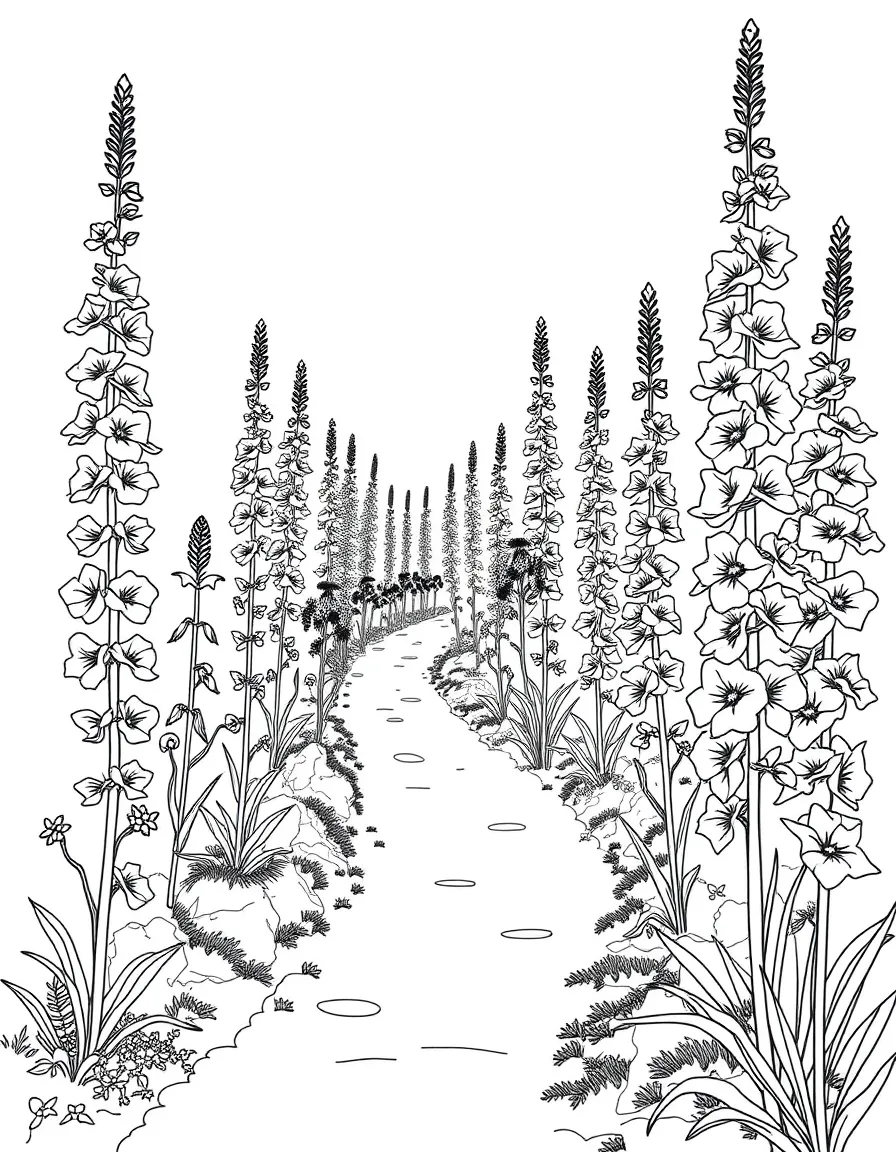 A path lined with hollyhocks of different heights
