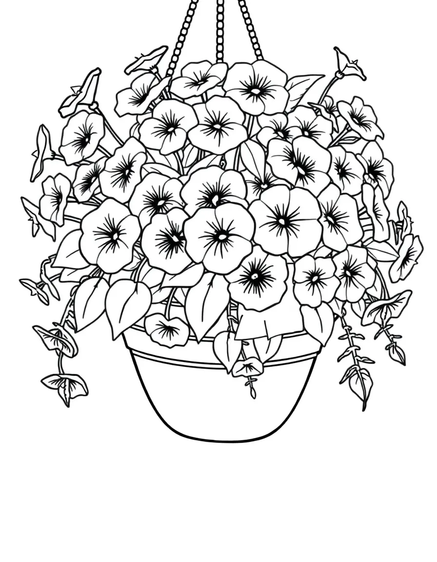 A hanging basket overflowing with petunias