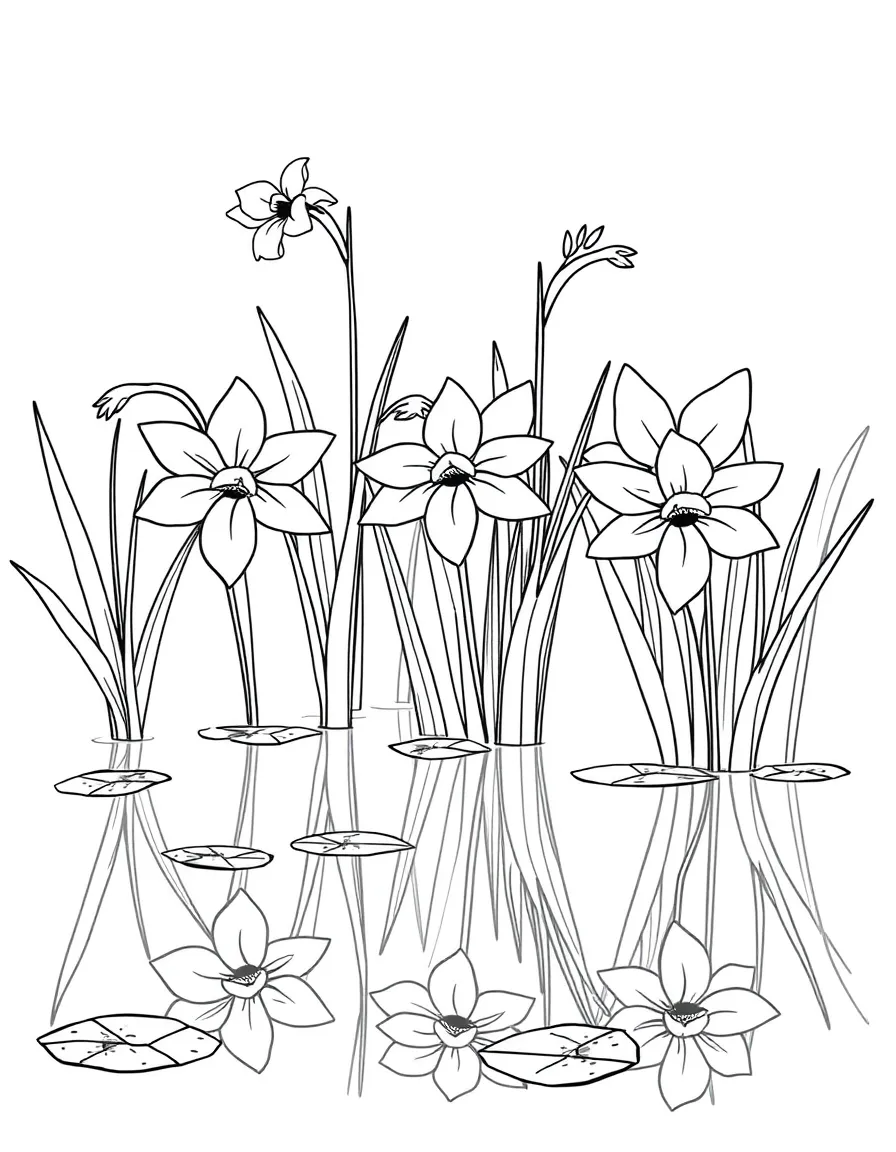 Narcissus flowers reflected in a pond