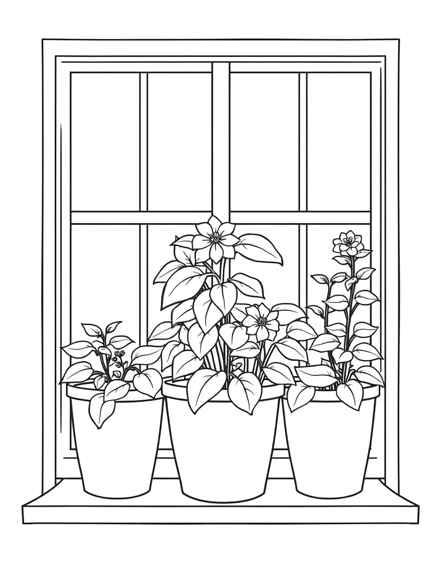A windowsill herb garden with flowering basil and mint