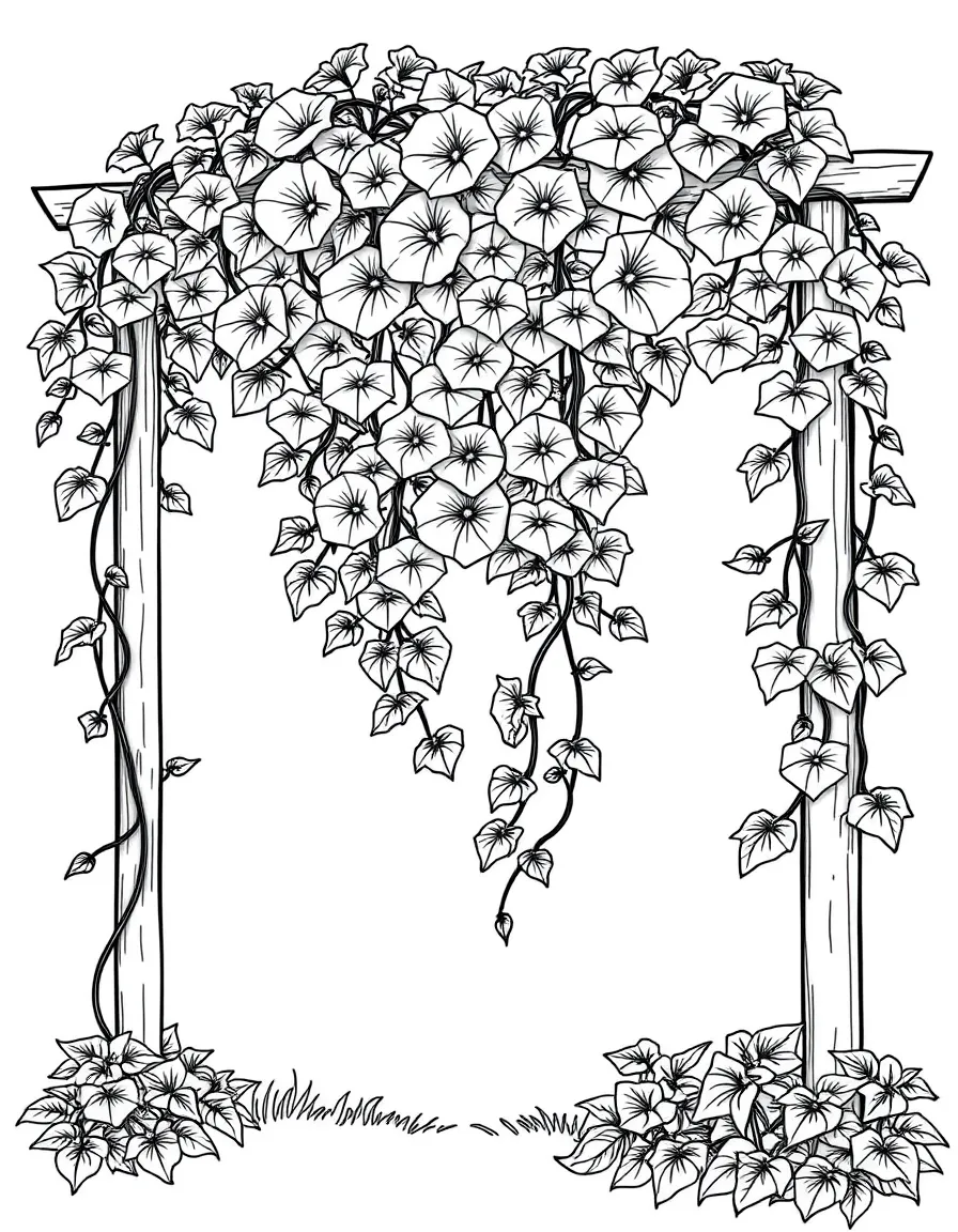 A garden trellis covered in morning glory vines