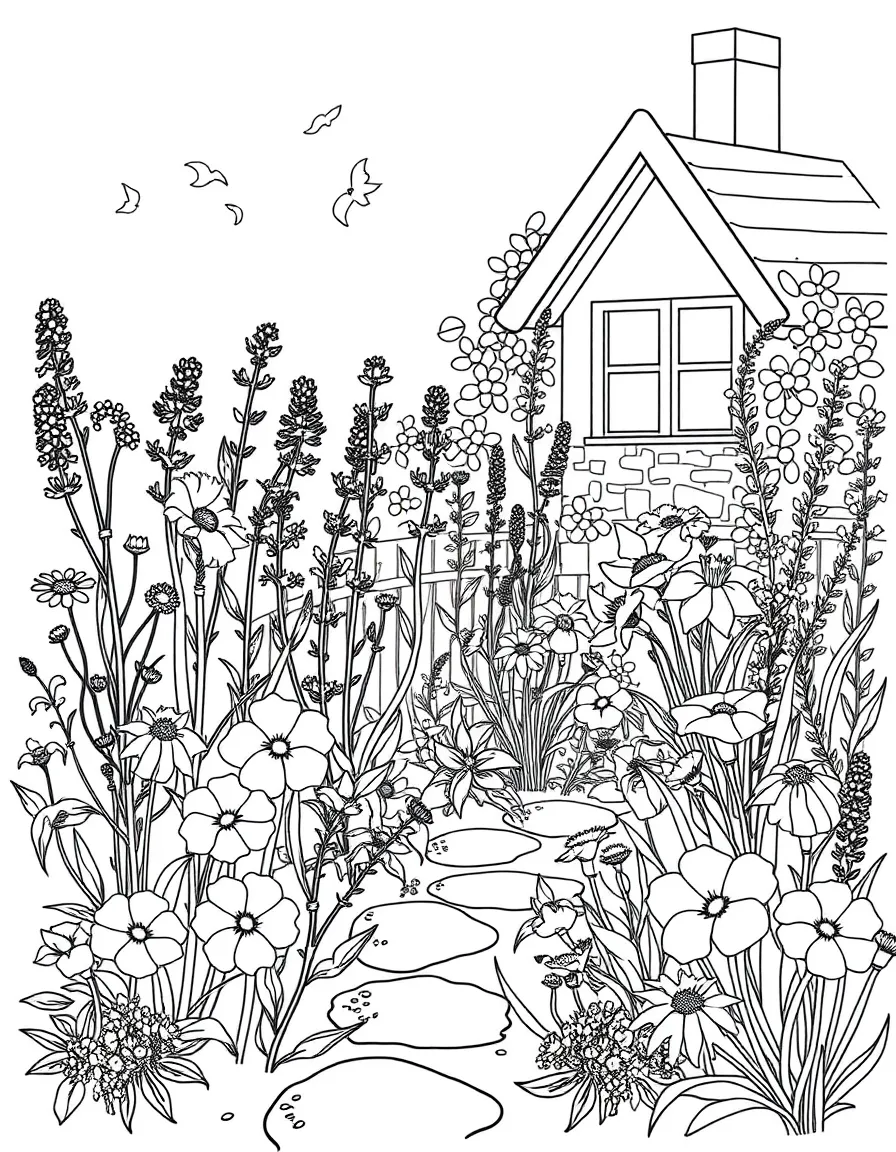 A cottage garden with mixed flowers and herbs