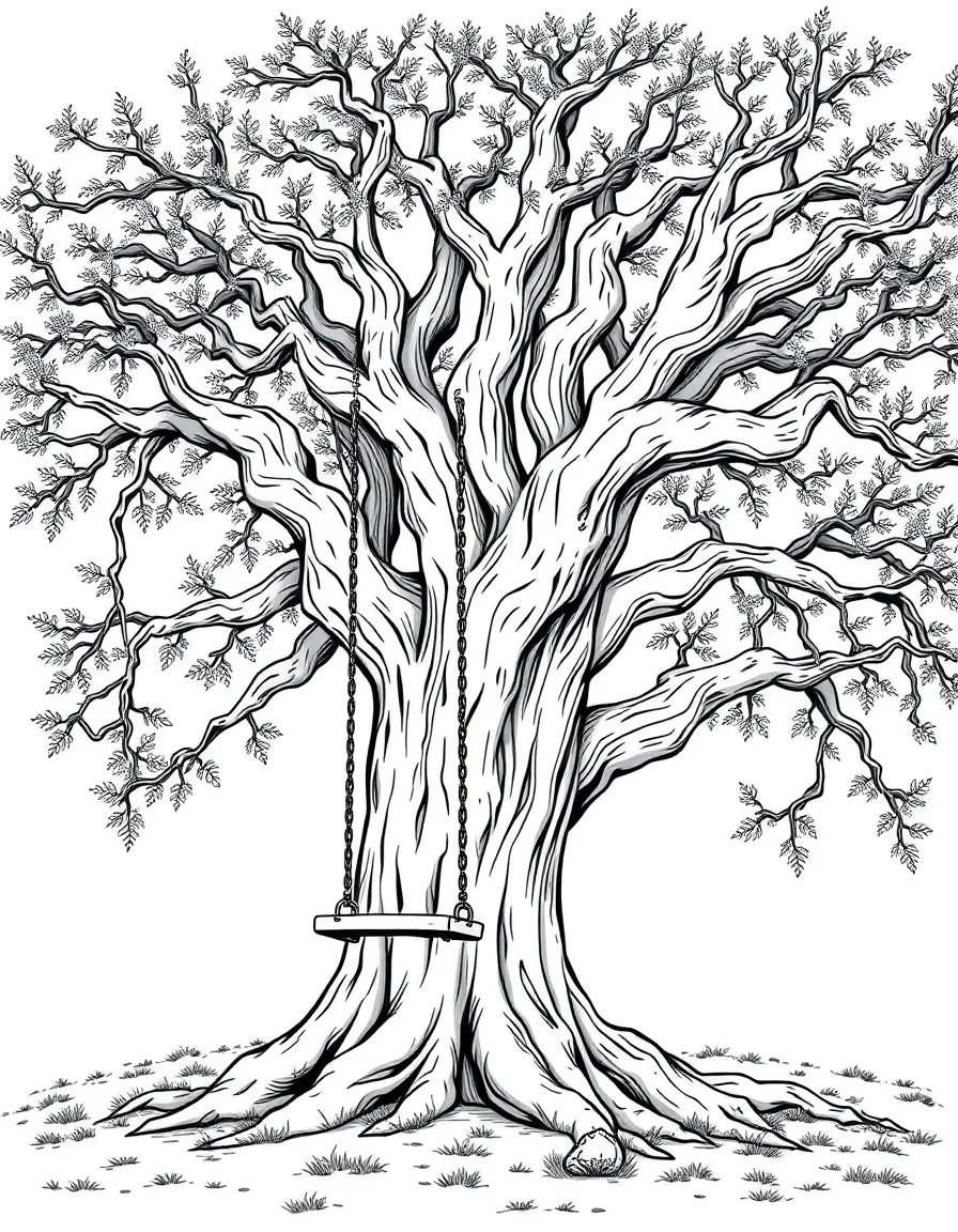 An ancient oak tree with a swing hanging from a branch