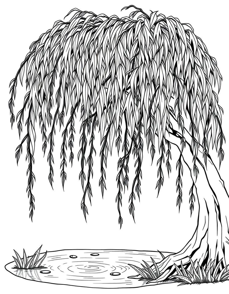 A weeping willow by a pond with trailing branches