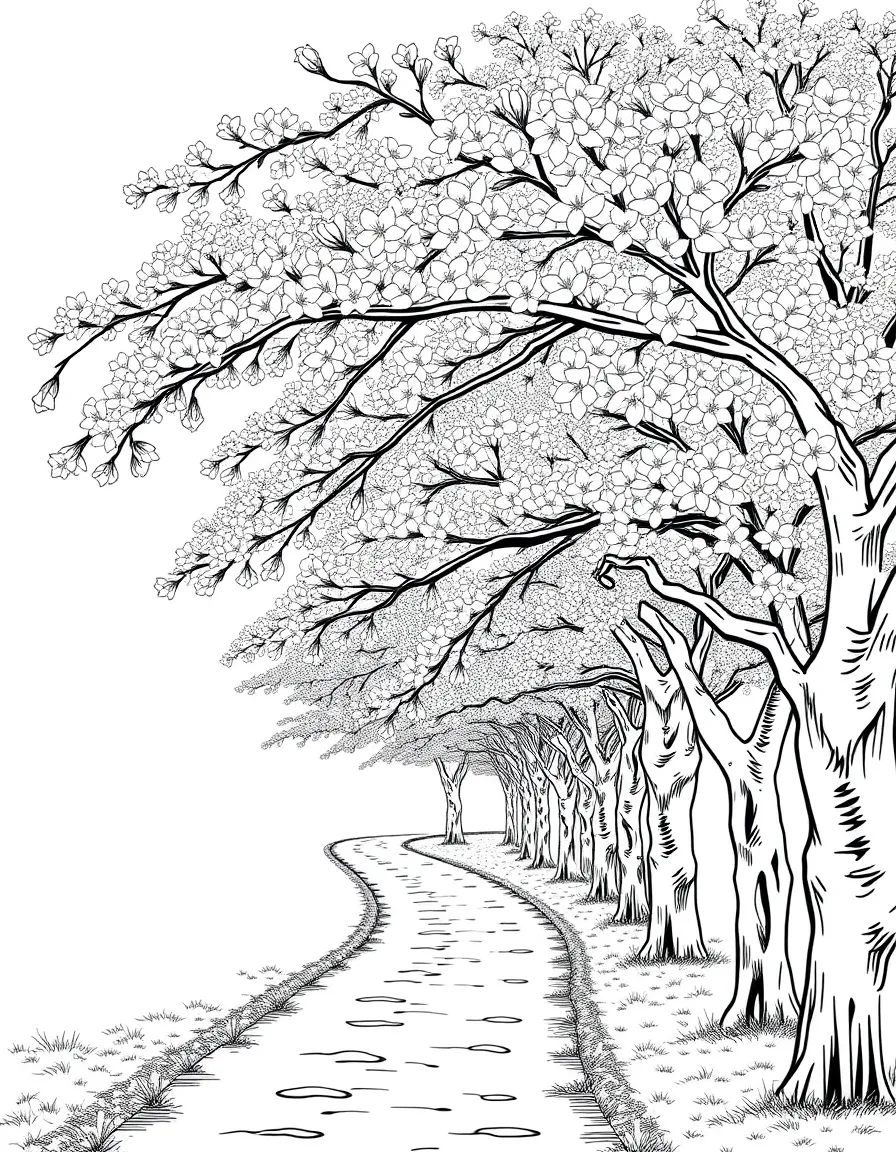 Cherry trees in full bloom along a path