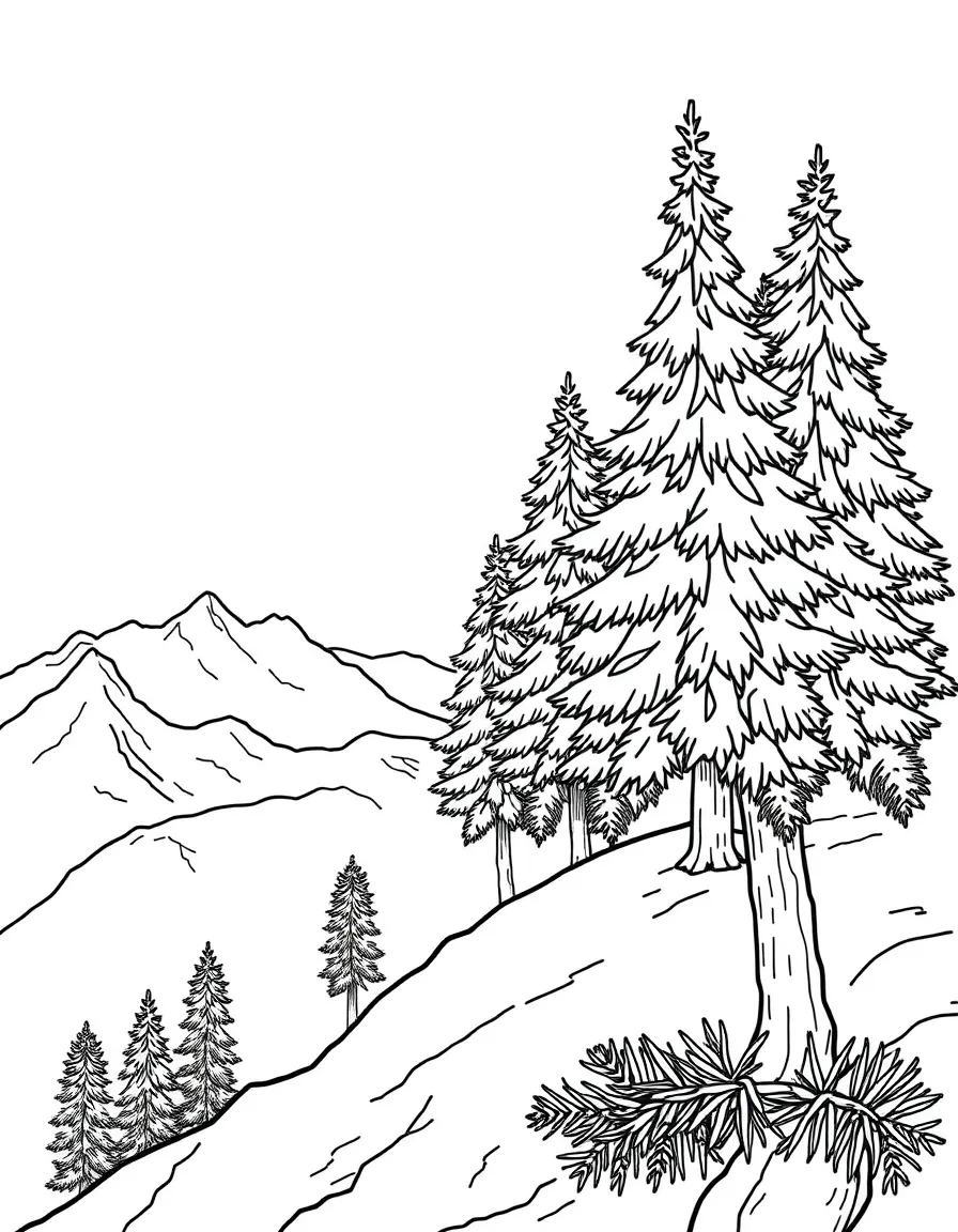 Pine trees on a mountain slope with detailed needles