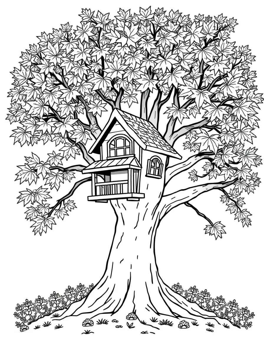 A treehouse nestled in the branches of a maple