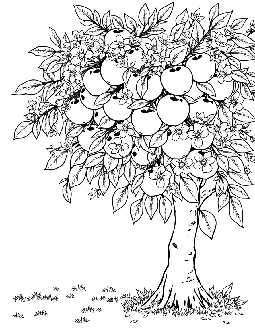 An apple tree heavy with fruit and blossoms