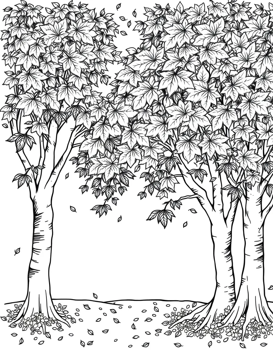 Autumn trees with detailed falling leaves