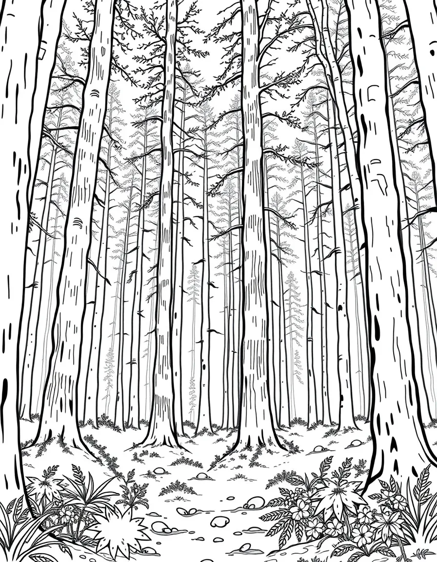 A forest floor view looking up at tall trees