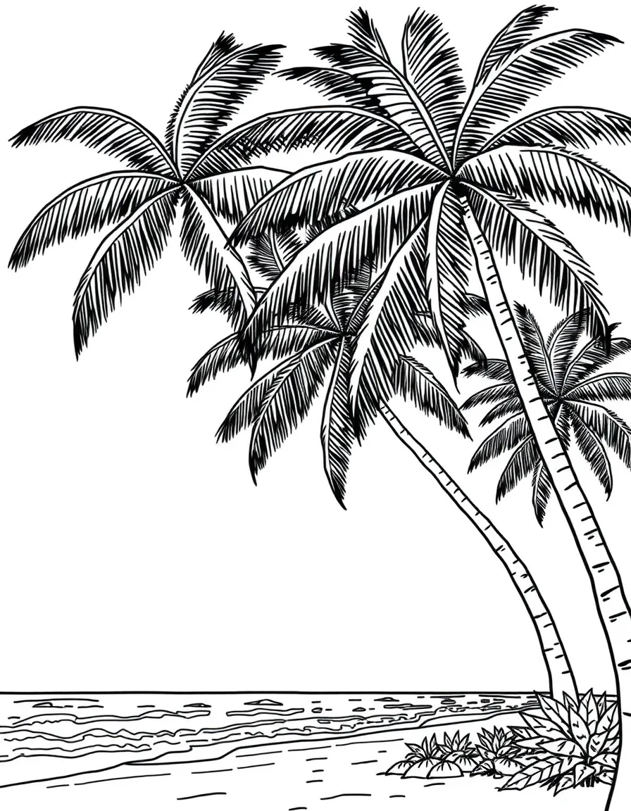 Palm trees swaying over a beach scene