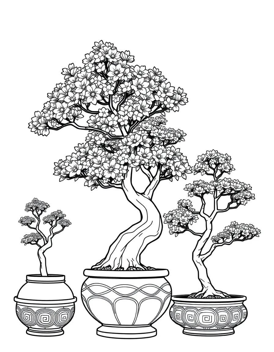 Bonsai trees in decorative pots