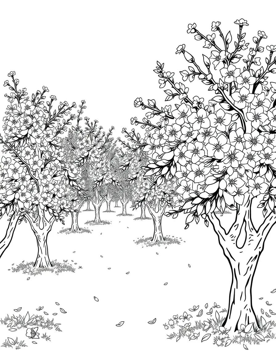 An orchard of blossoming fruit trees